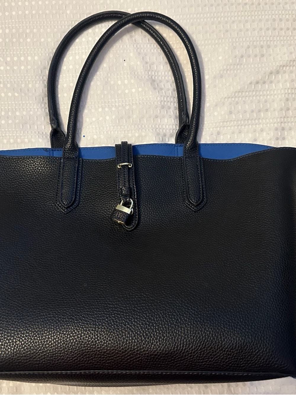 Black Pebbled Leather Tote with Blue Trim